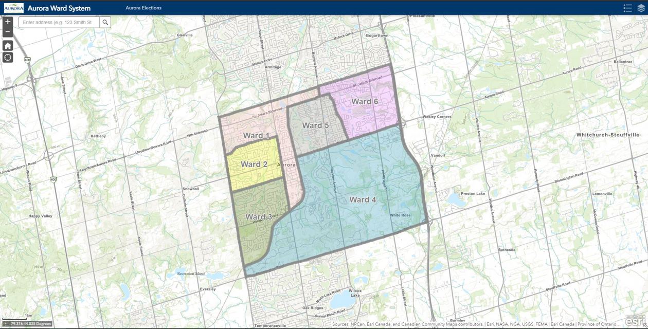 Map showing Aurora and surrounding areas, with lines and colours defining each ward