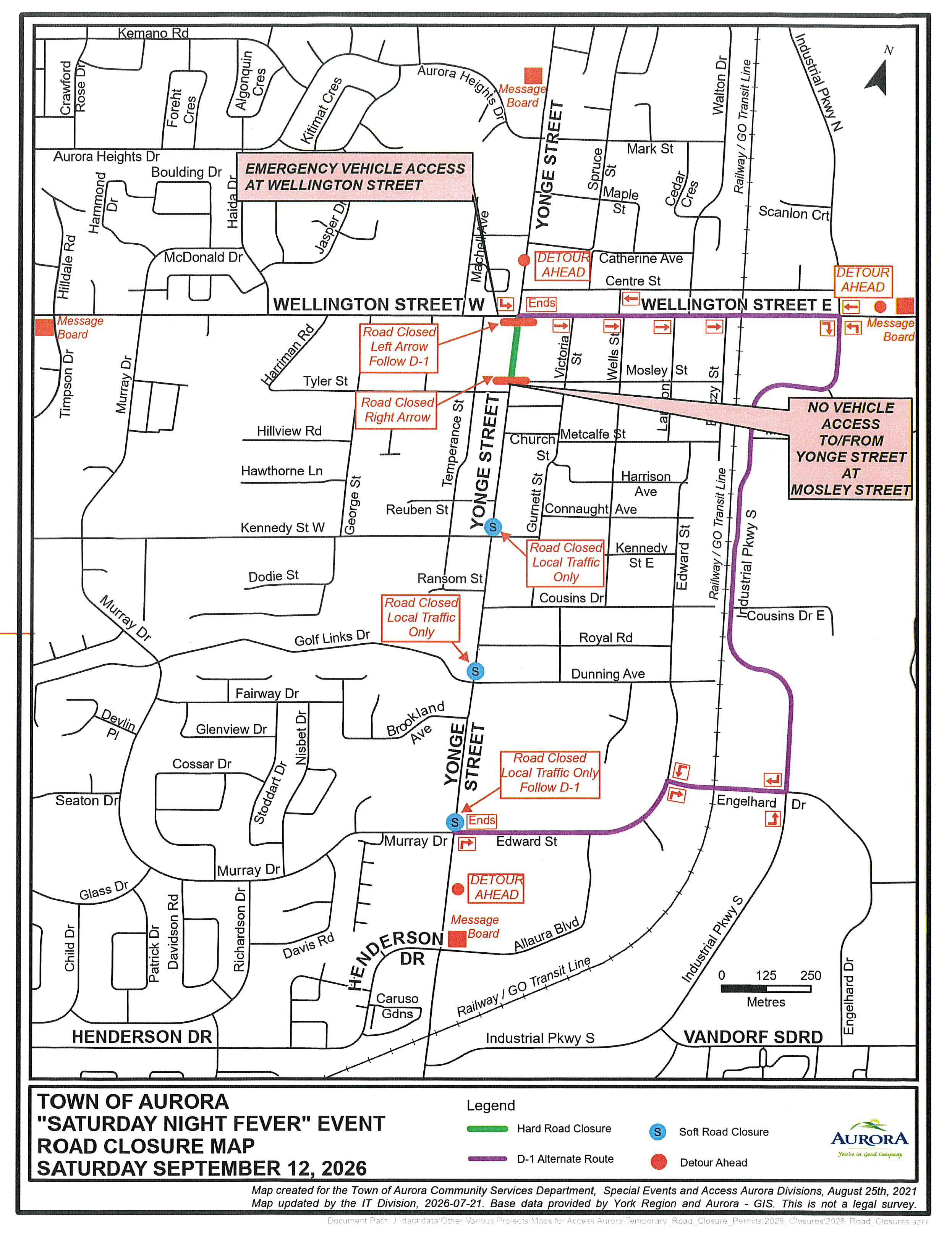 Aurora map showing a green line on Yonge St. between Wellington Street and Mosley.