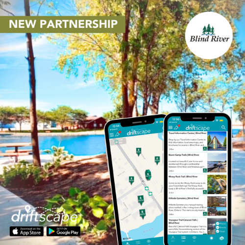 New Partnership. Image of trees and sidewalk with water and water fountain in background. Blind River logo. image of two cell phones with driftscape mock screen on them. driftscape logo and Apple app store and Google Play logo. #ExcitingNews: Discover unique hidden gems from the vibrant community of Blind River with @experience_blind_river, now on the @driftscapeapp ✨From art exhibits to beautiful landscapes, and so much more, the Town of Blind River has a variety of things to do for all residents and visitors! Download the FREE Driftscape app and check it out! 🤩 https://driftscape.app.link/blind-river #ExploreOntario #ExploreBlindRiver #BlindRiver #Travel #TourismApp #Nature #Adventure