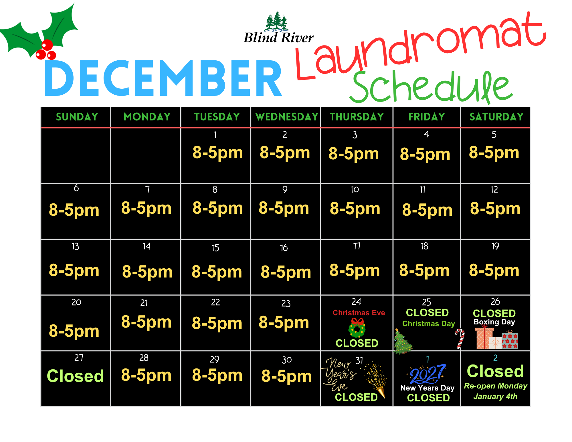 December Laundromat Schedule