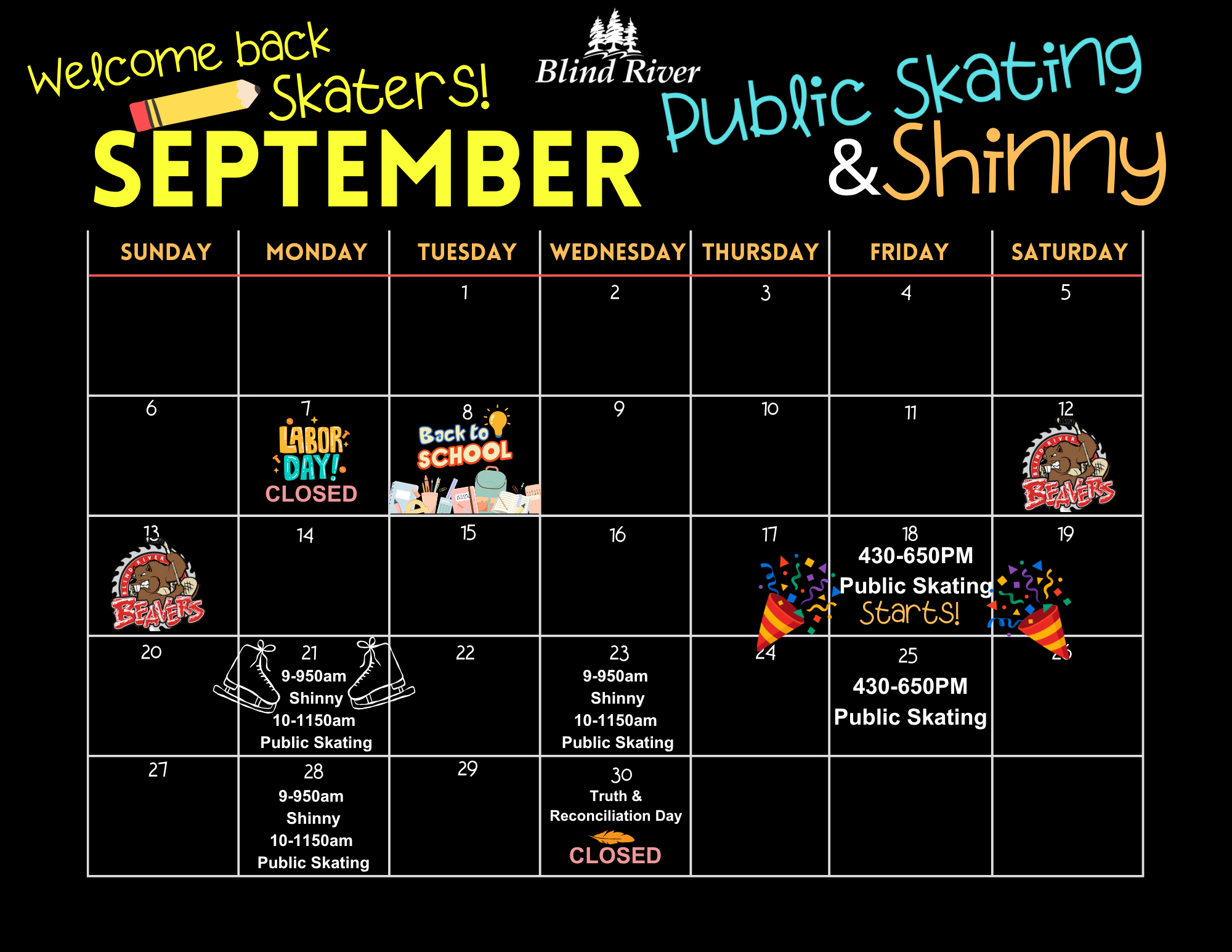 September Public Skating & Shinny Calendar 2026