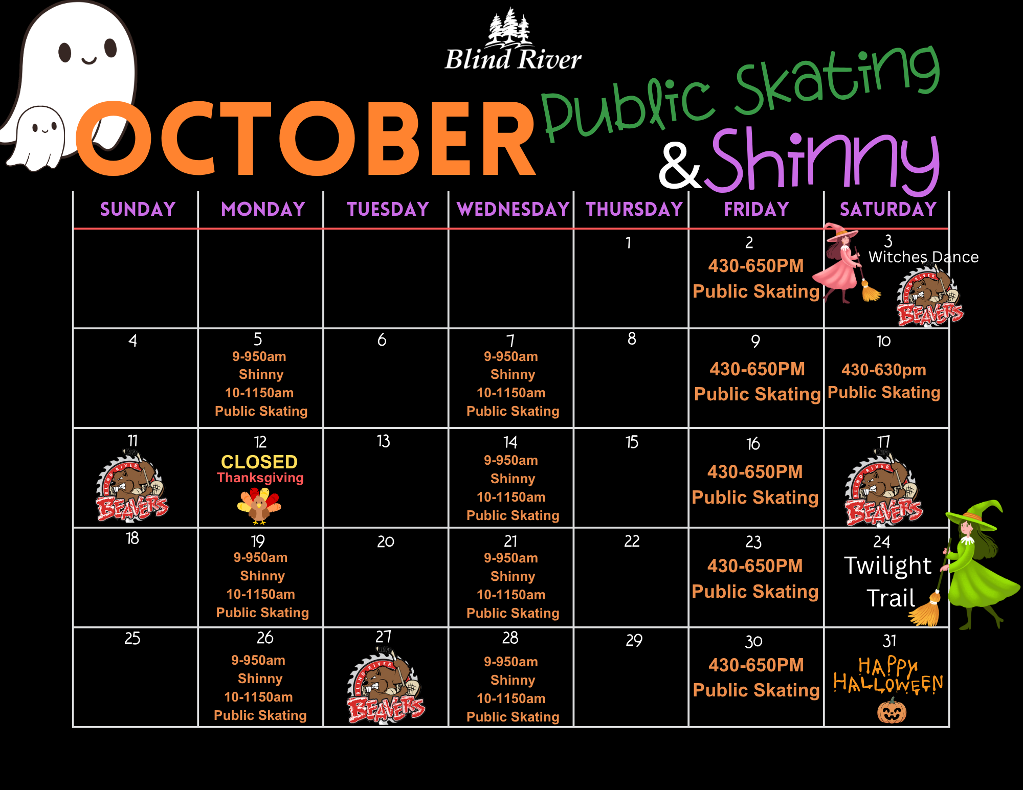 October Public Skating & Shinny Calendar 2026