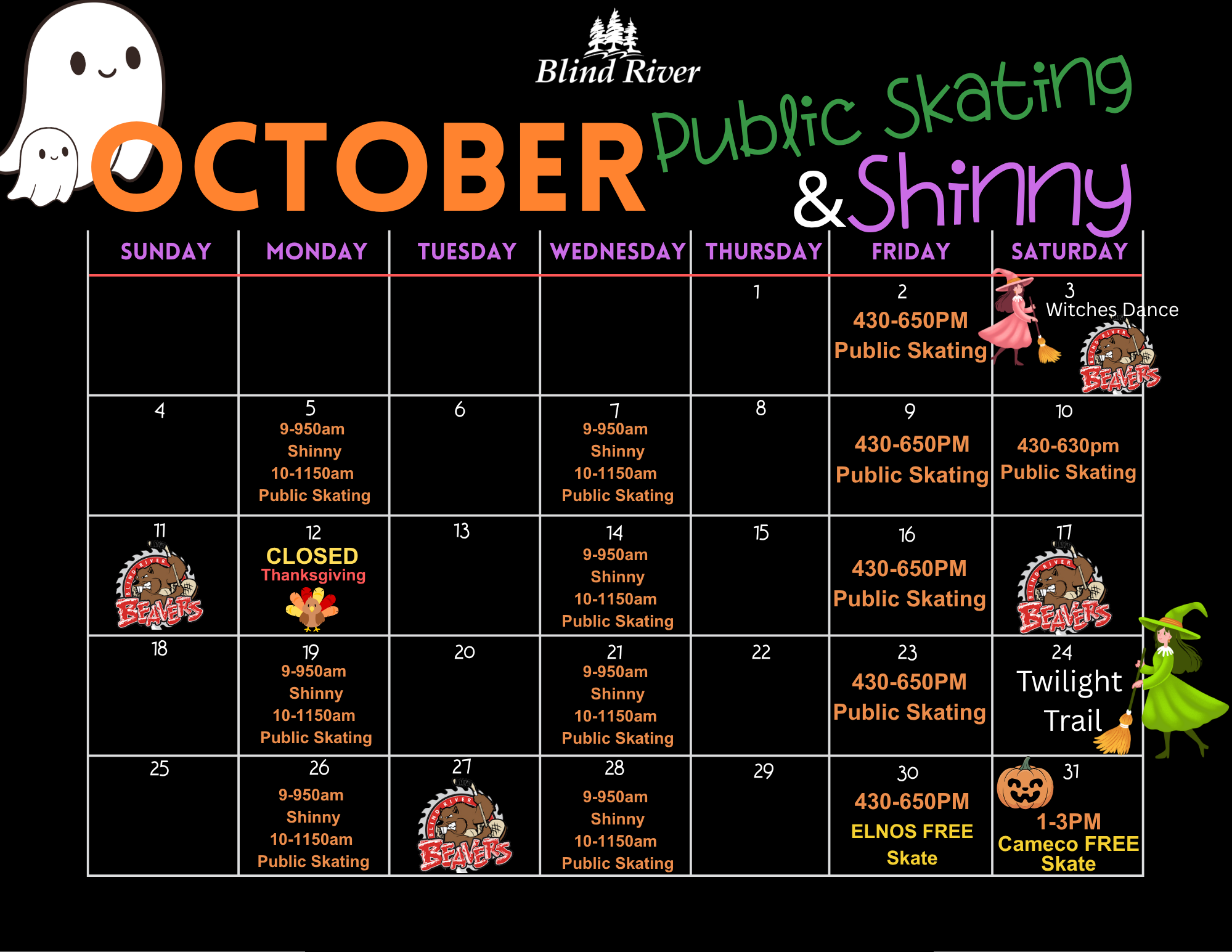 October 2026 Public Skating & Shinny Calendar