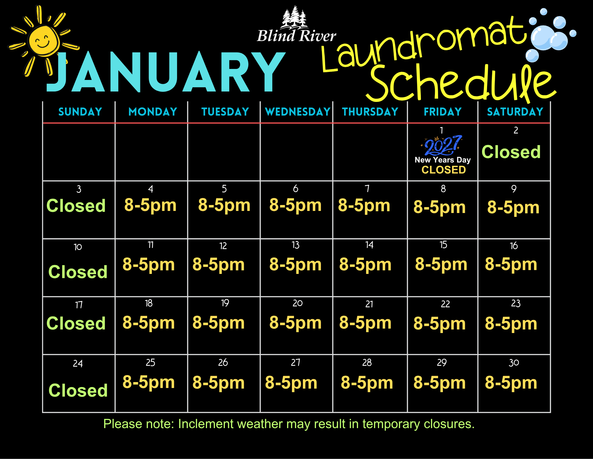 January Laundromat Schedule 2027