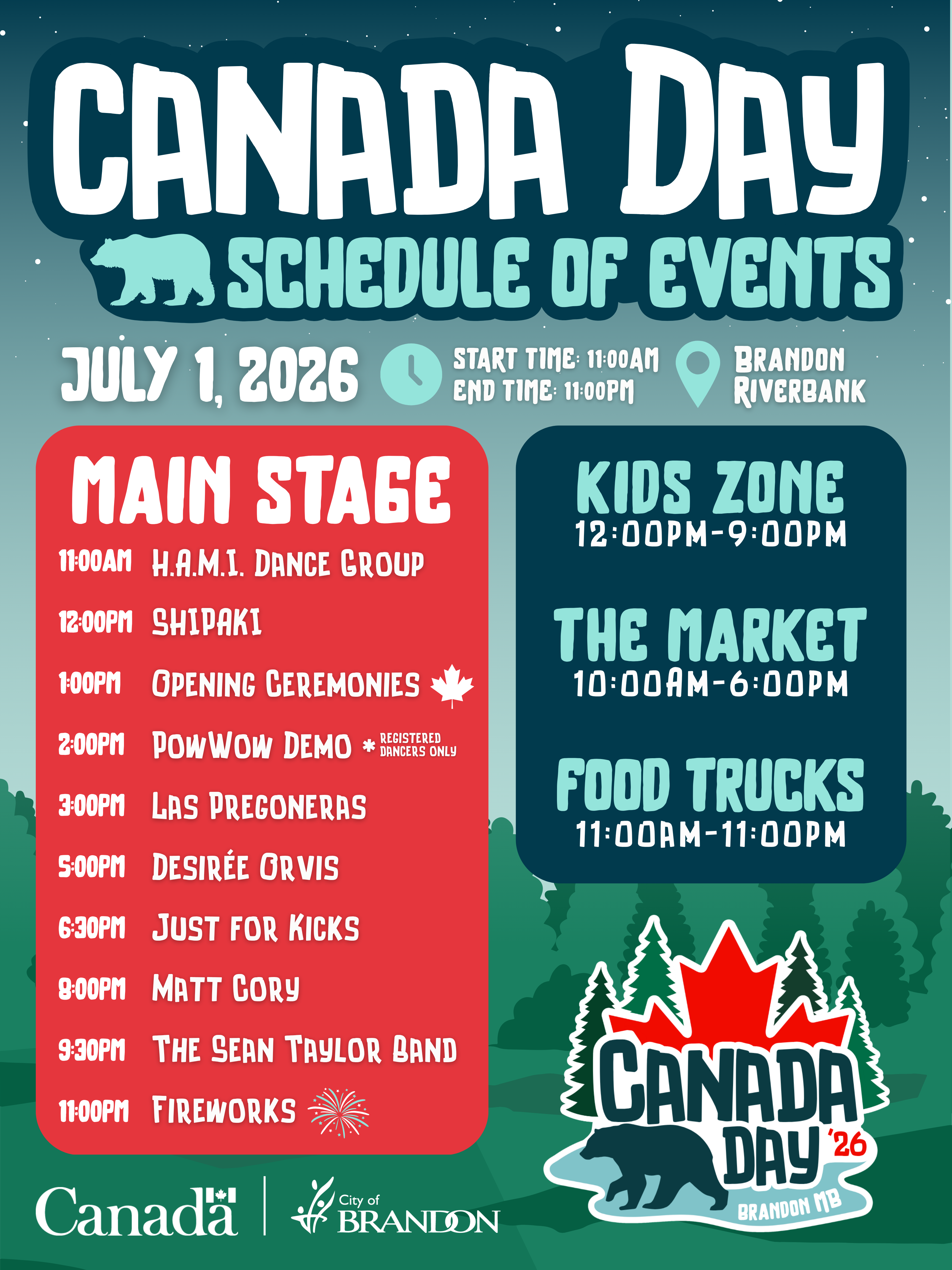 Canada Day Poster - Schedule of Events from 11 a.m. to 11 p.m. at the Riverbank Discovery Centre