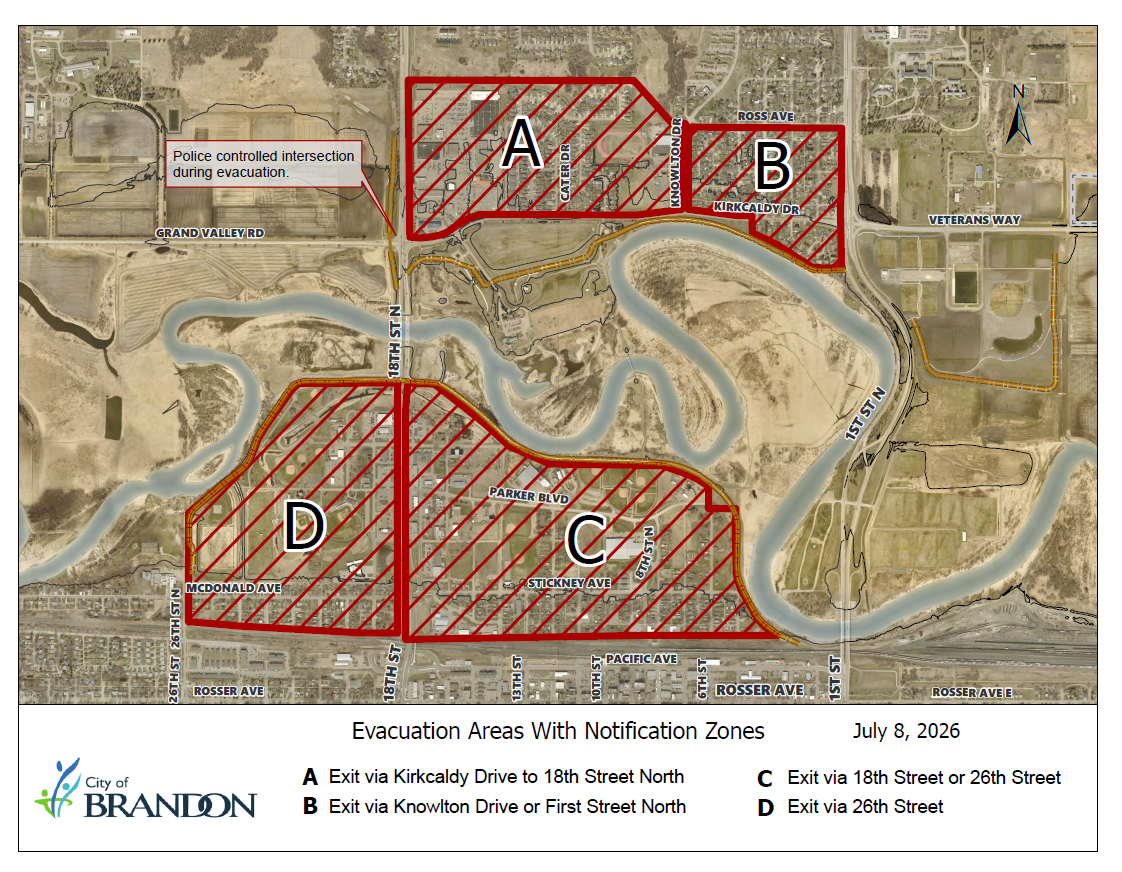Map of evacuation areas with notification zones that are set into four set areas