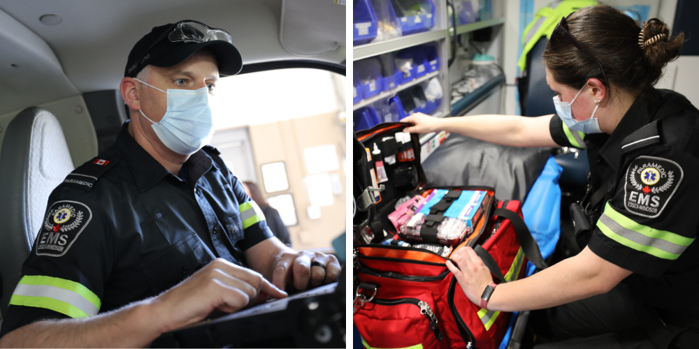 Two Essex-Windsor EMS paramedics at work in an ambulance.