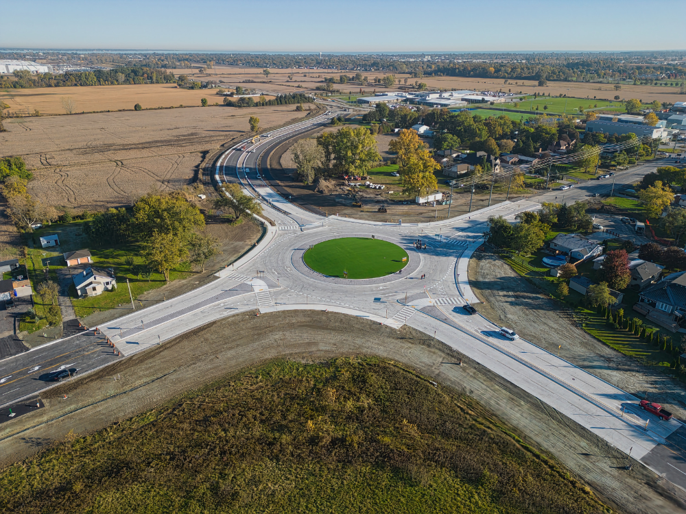 An aerial view of the roundabout at County Road 42 and 43.