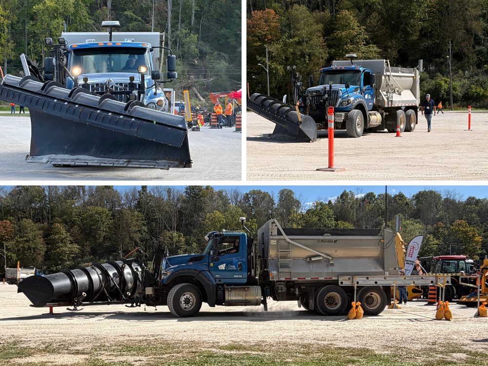 Three pictures of Shane Beausoleil operating the plow during the Roadeo