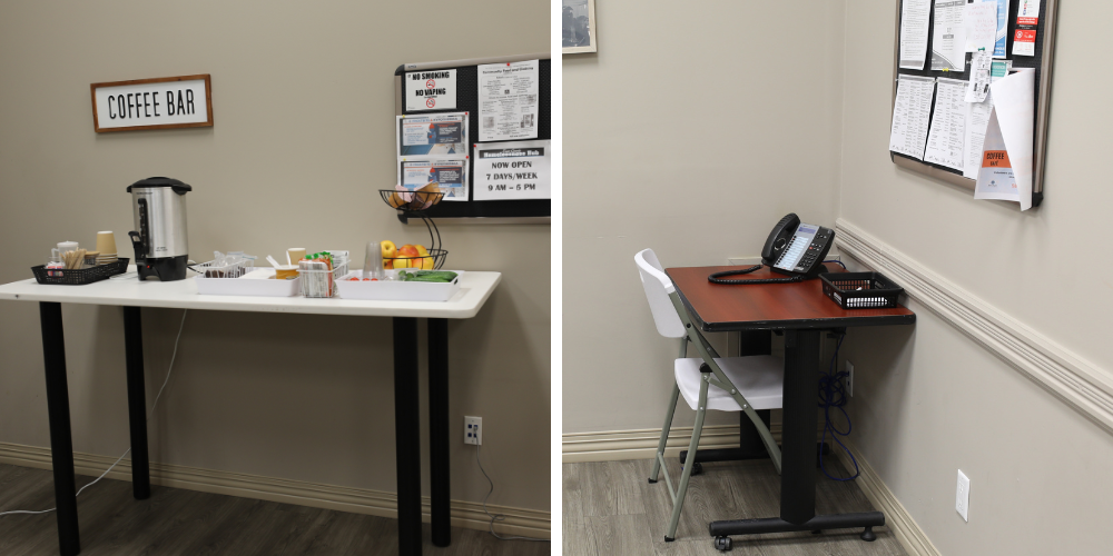 A coffee bar and desk with a phone in the Homelessness Hub.