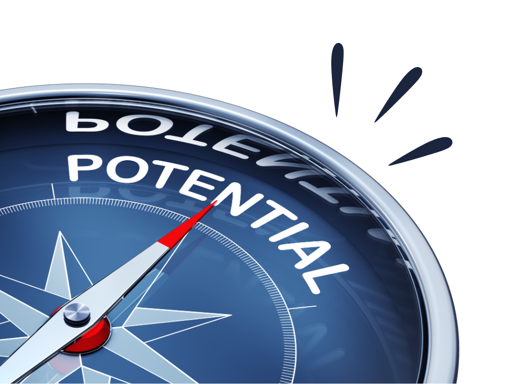 A compass pointing to the word "potential."