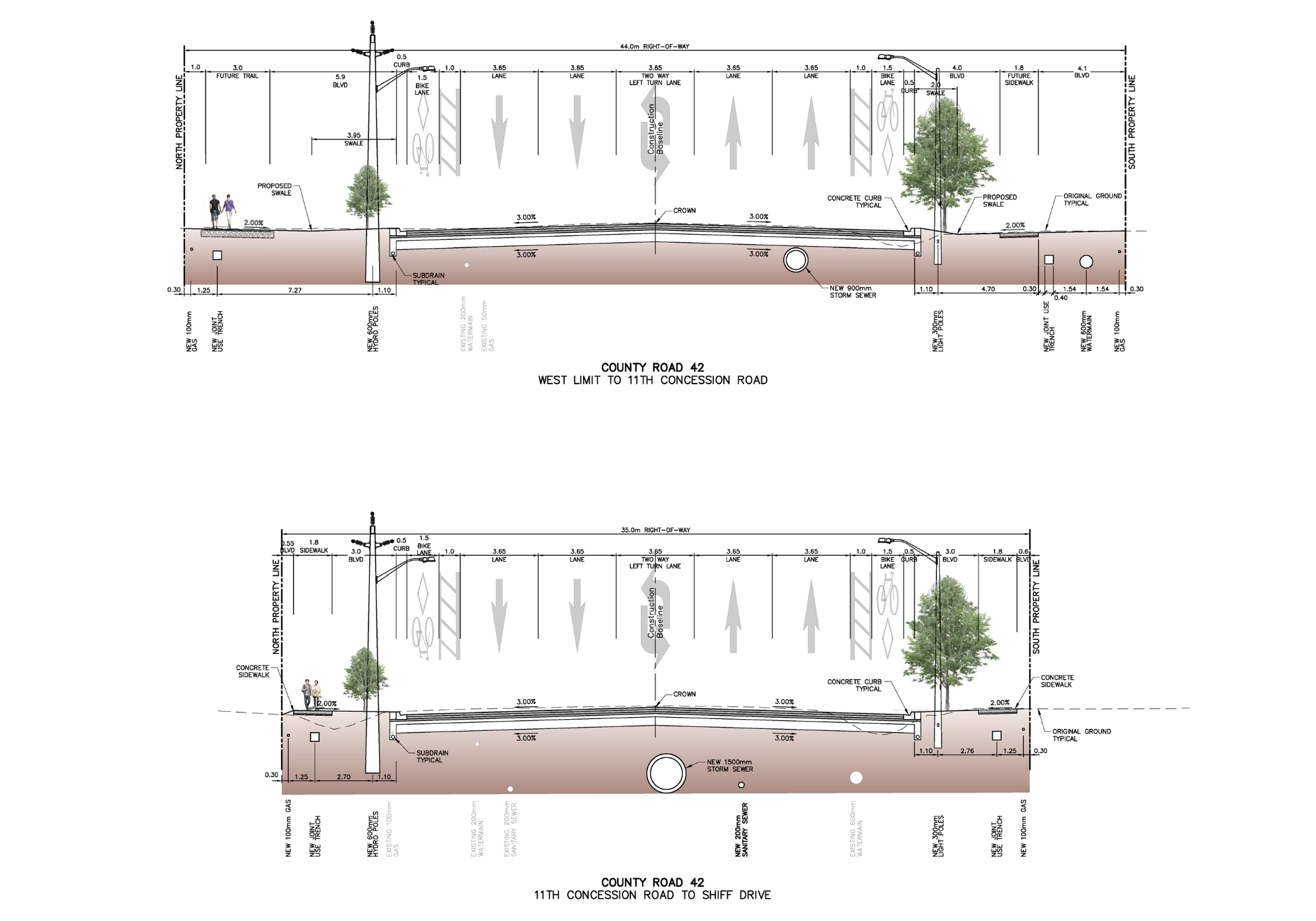 A cross section of County Road 42 between the western limit and Concession 11, and Concession 11 and Schiff Drive.