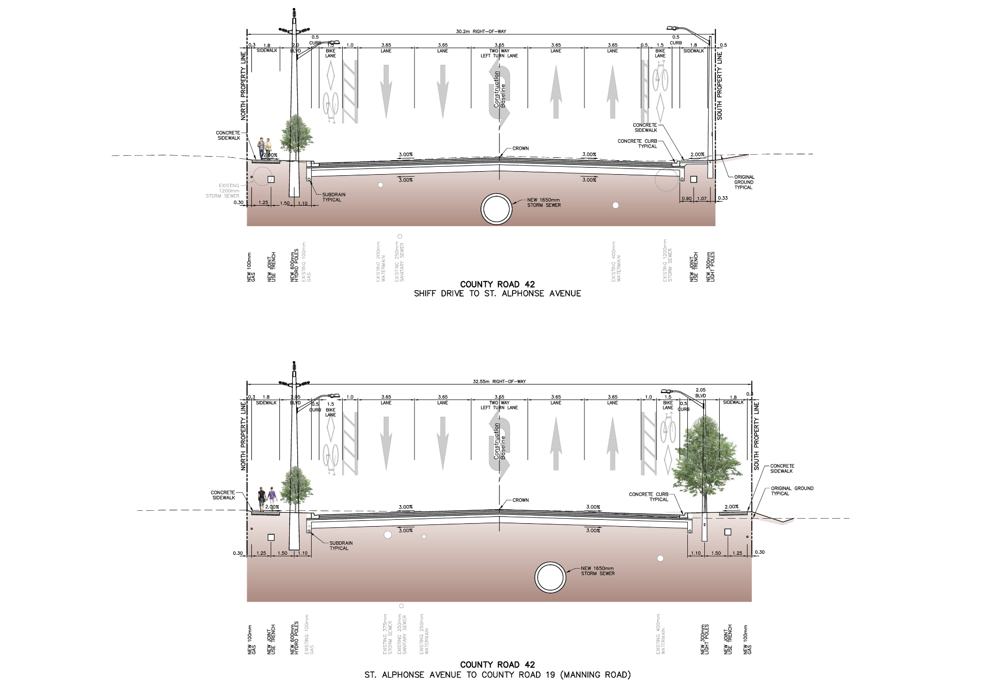 A cross section drawing of County Road 42 between Shiff Drive and St. Alphonse Avenue, and between St. Alphonse and County Road 19.