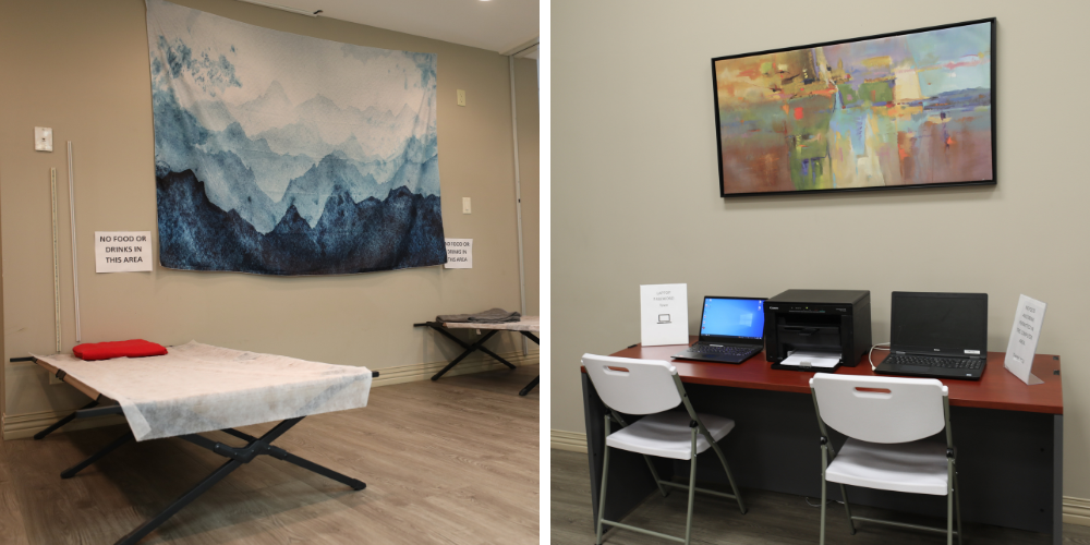 A computer and beds in the Homelessness Hub.