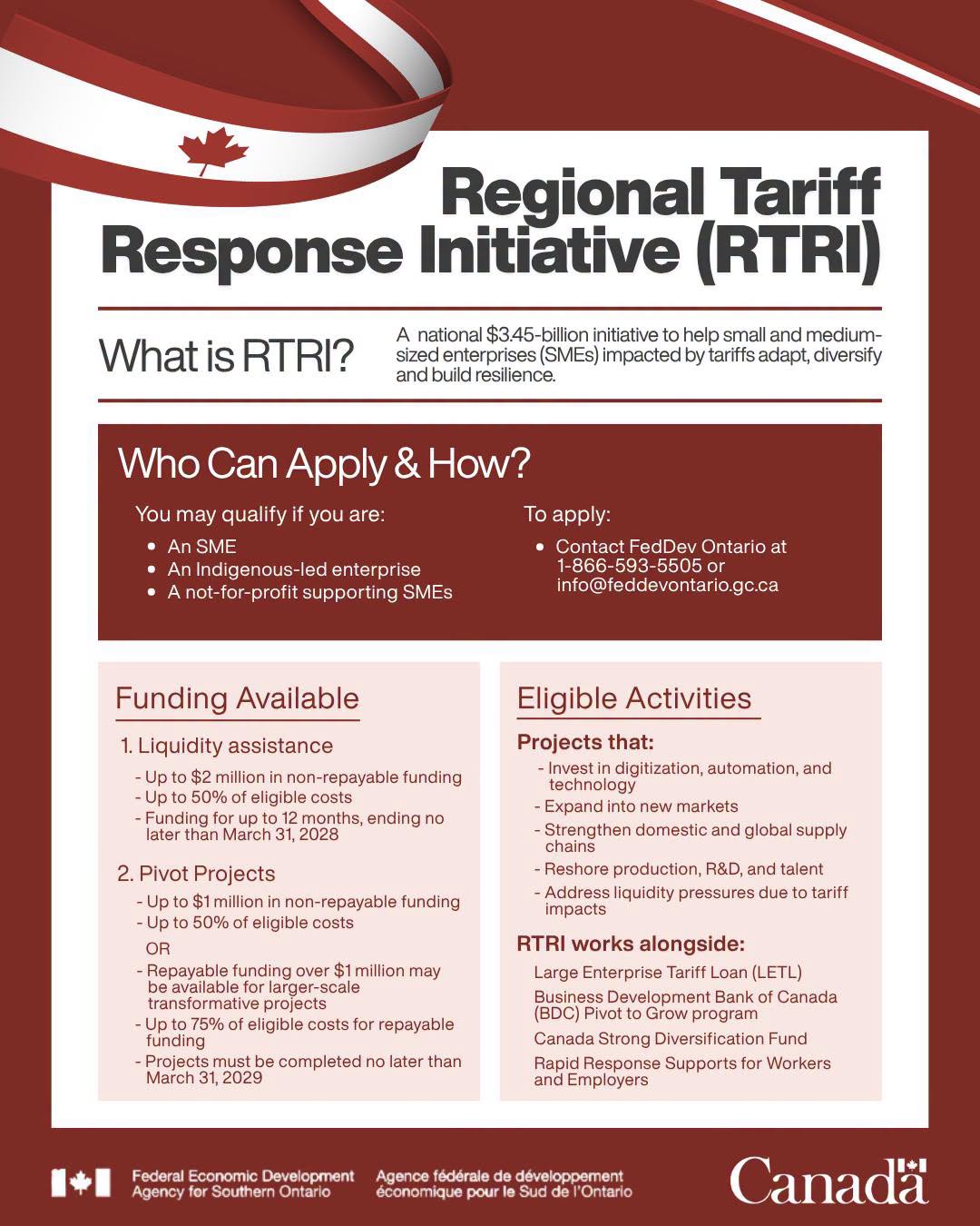A flyer with information about the Regional Tariff Response Initiative. People can contact FedDev Ontario at 1-866-593-5505 or info@fedevontario.ca