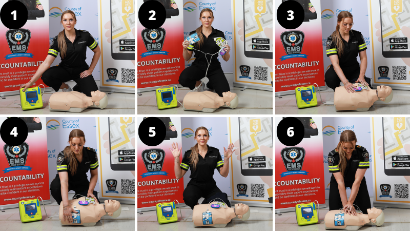 A paramedic demonstrating the steps for using an AED and CPR.