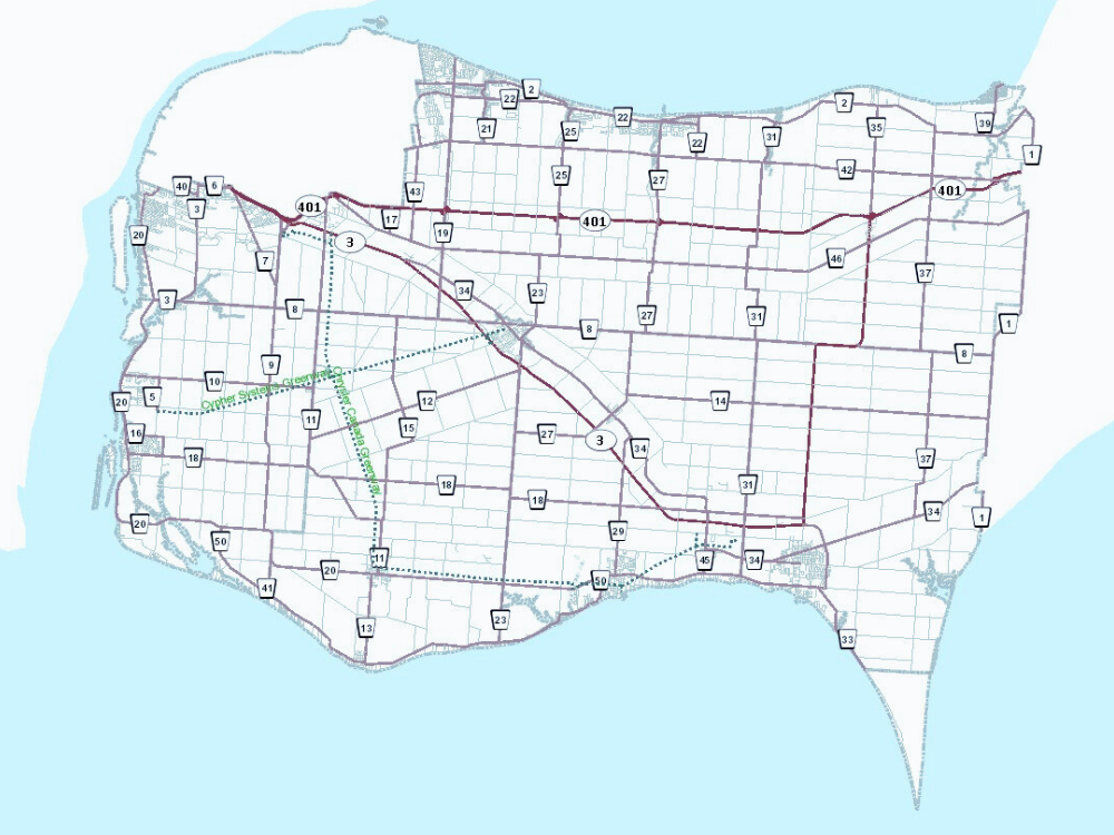 A map of Essex County showing transportation corridors.