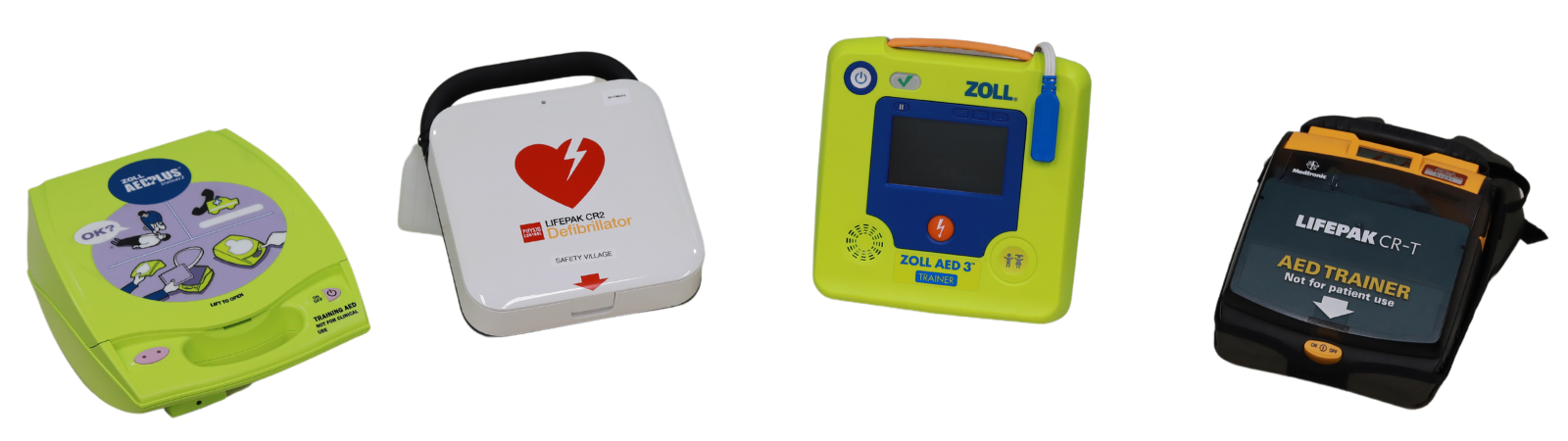 Four AEDs made by different companies.