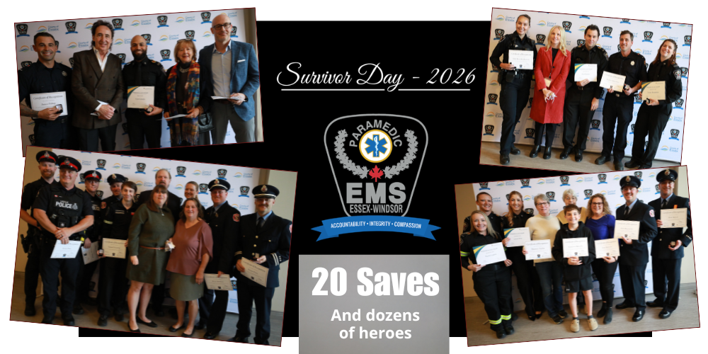 The Essex-Windsor EMS logo and four pictures of survivors with first responders.