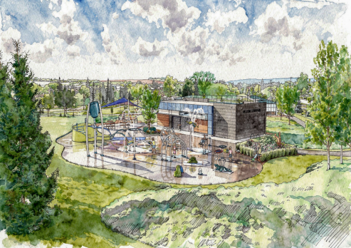 An artist rendering of a splash park in a green park space