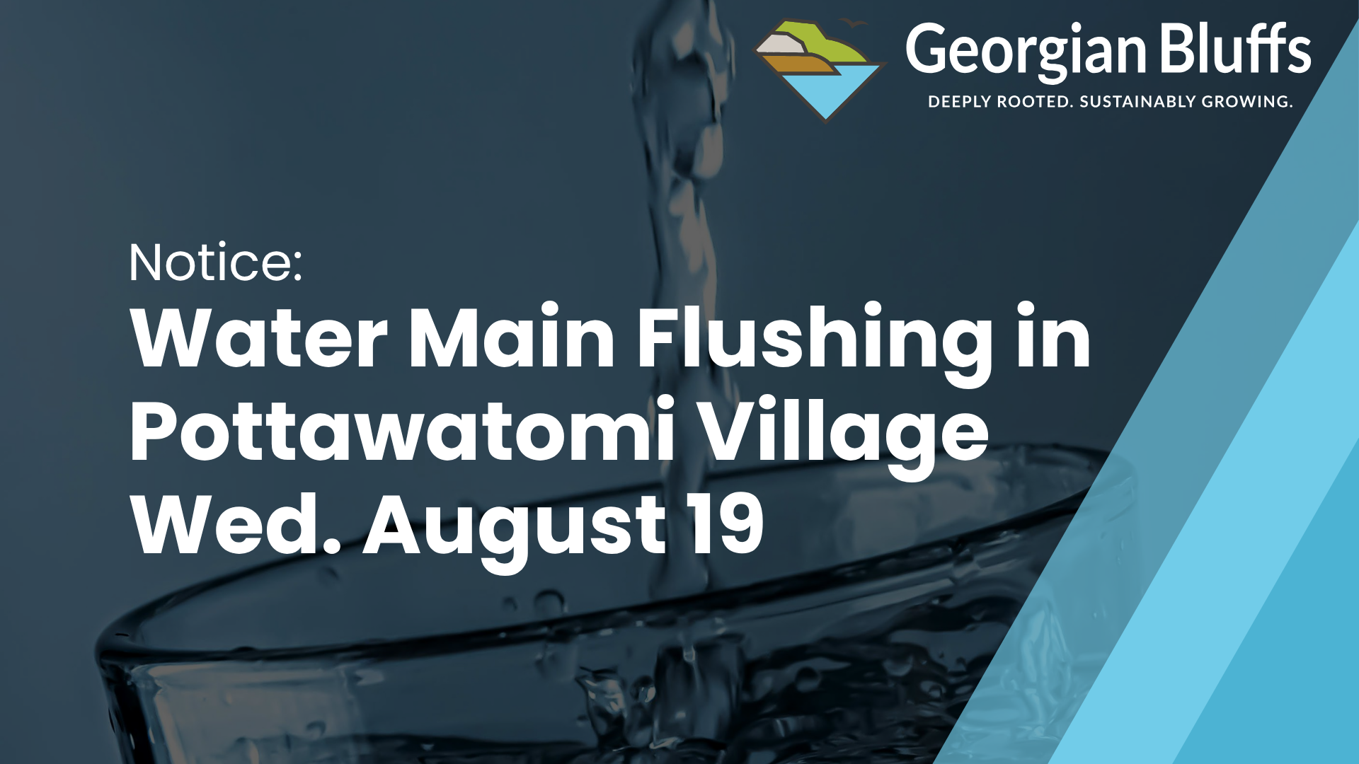 Image with text saying Water Main Flushing in Pottawatomi Village August 19