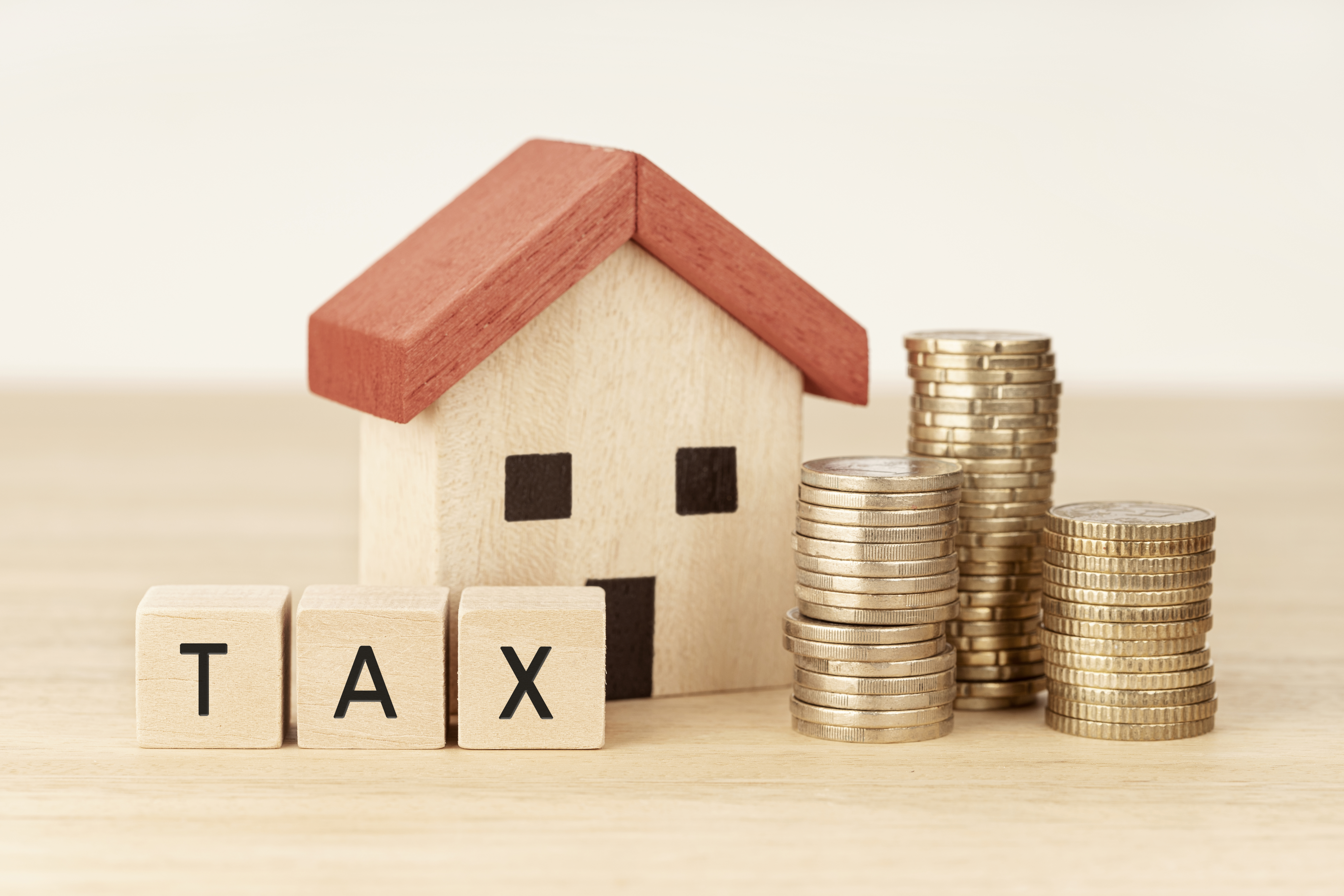 a small wooden house and wood blocks spelling out "tax"