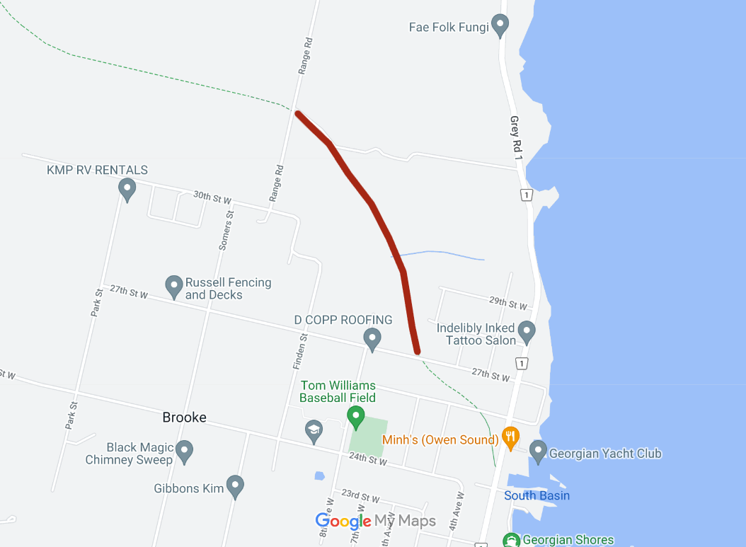 a map of the rail trail marking the disrupted area between 27th street and Range Road