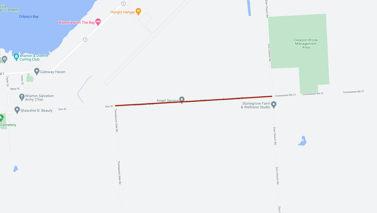 a map showing a road work area on concession 21 between Zion Churc Road and Thompson Sideroad