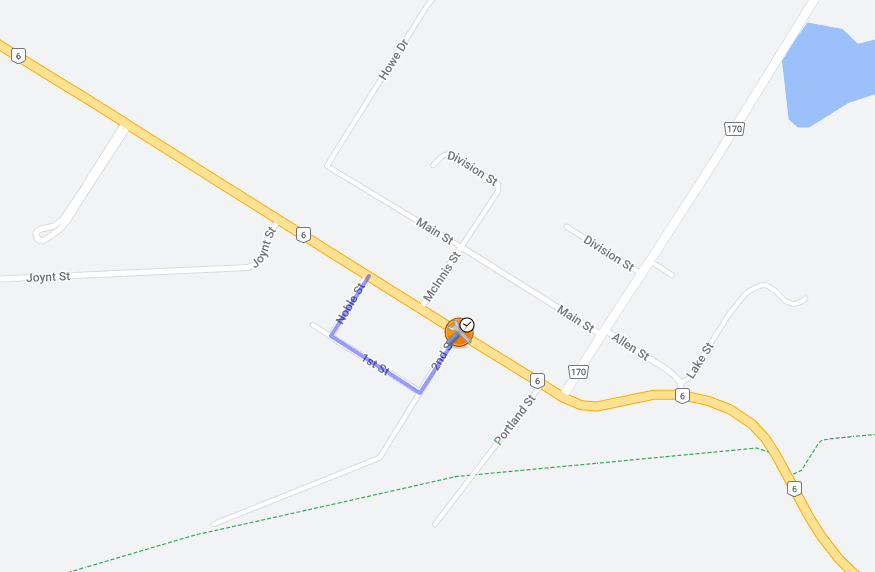 A map of shallow lake with first, second, and noble streets highlighted