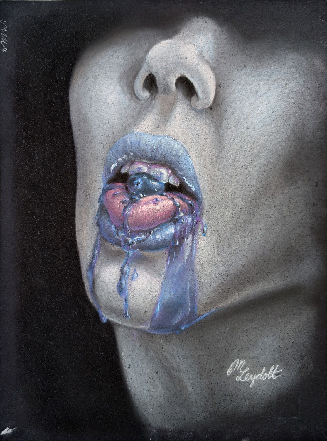 Painting of a person's mouth and teeth. Their lips are blue and blue juice is dripping out their mouth.