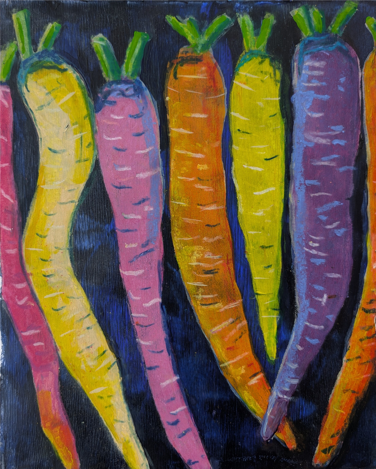 Painting of multicoloured carrots.