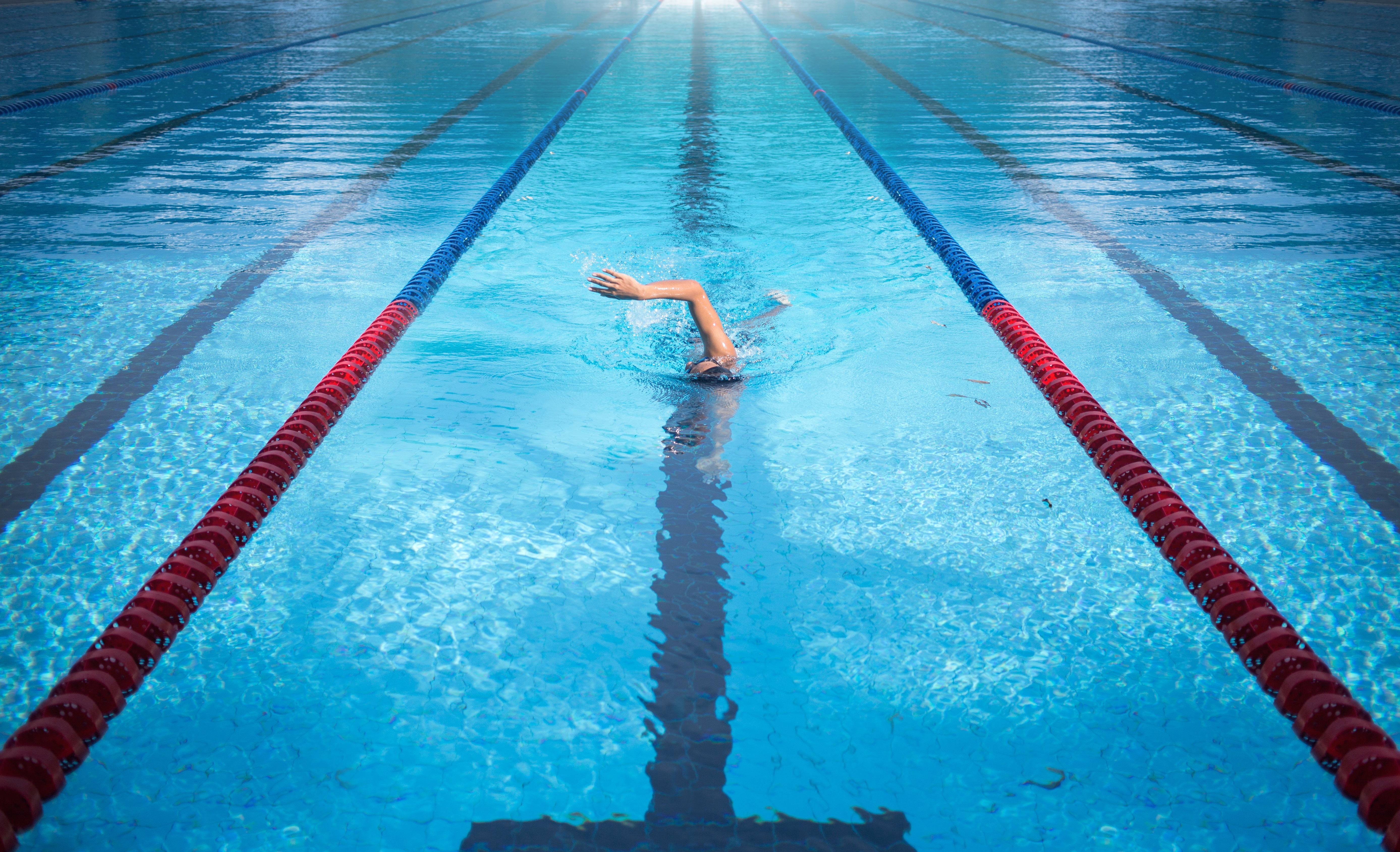 A person swims laps at an indoor pool facility.