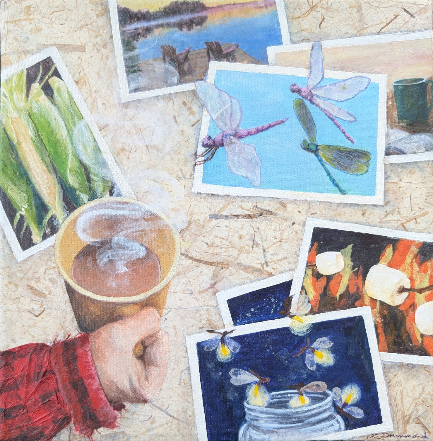Artwork showing various images of a Canadian long weekend, including marshmallows on fire, dragon flies, corn on the cob, and chairs on a dock. The foreground includes a hand holding a mug of a hot drink.