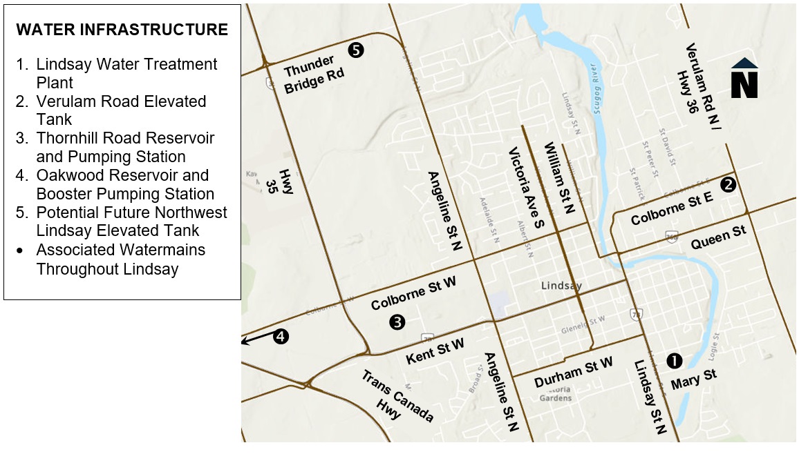 map indicating Lindsay water infrastructure locations