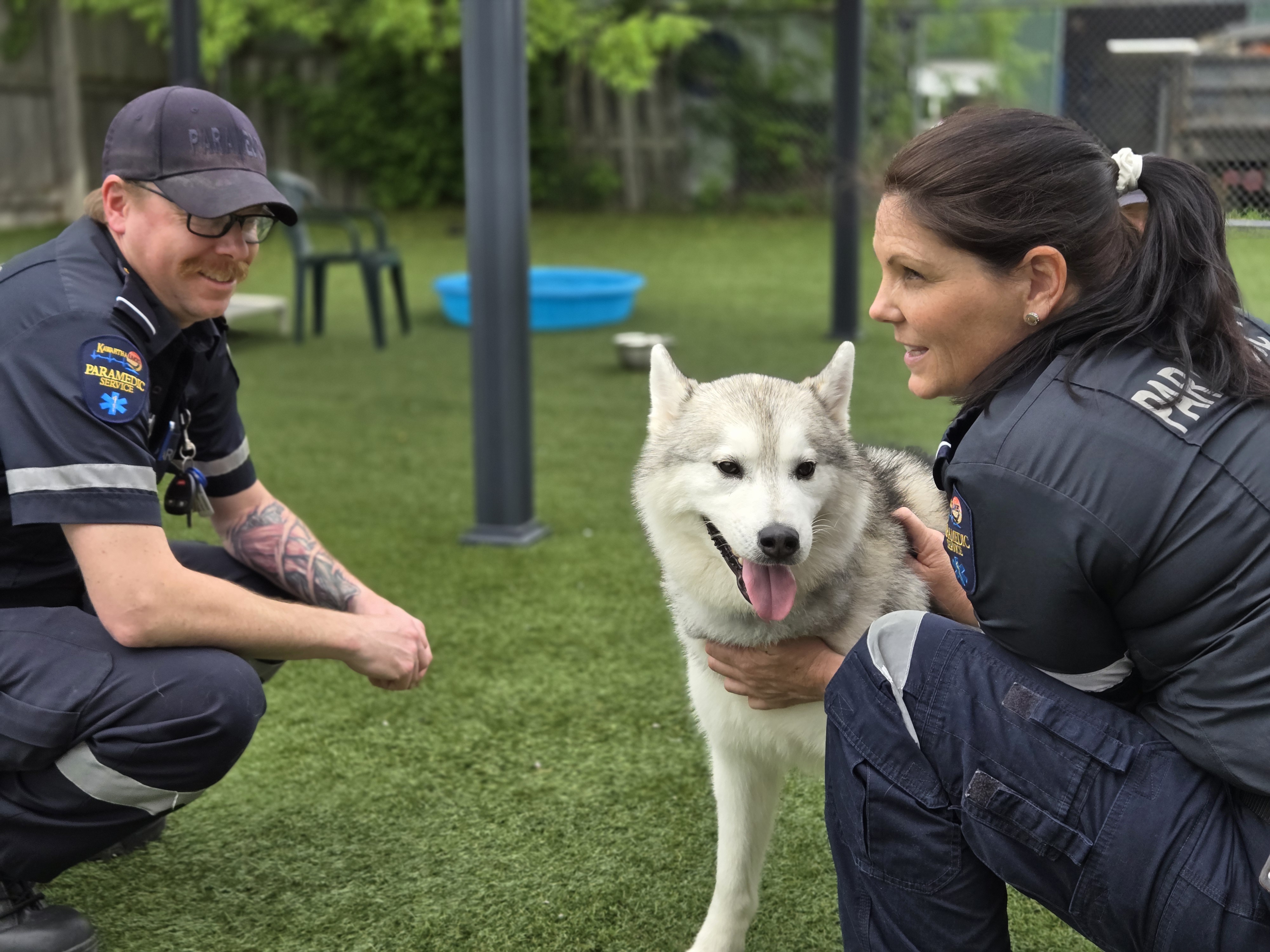 A pair of paramedics interacts with a pet dog