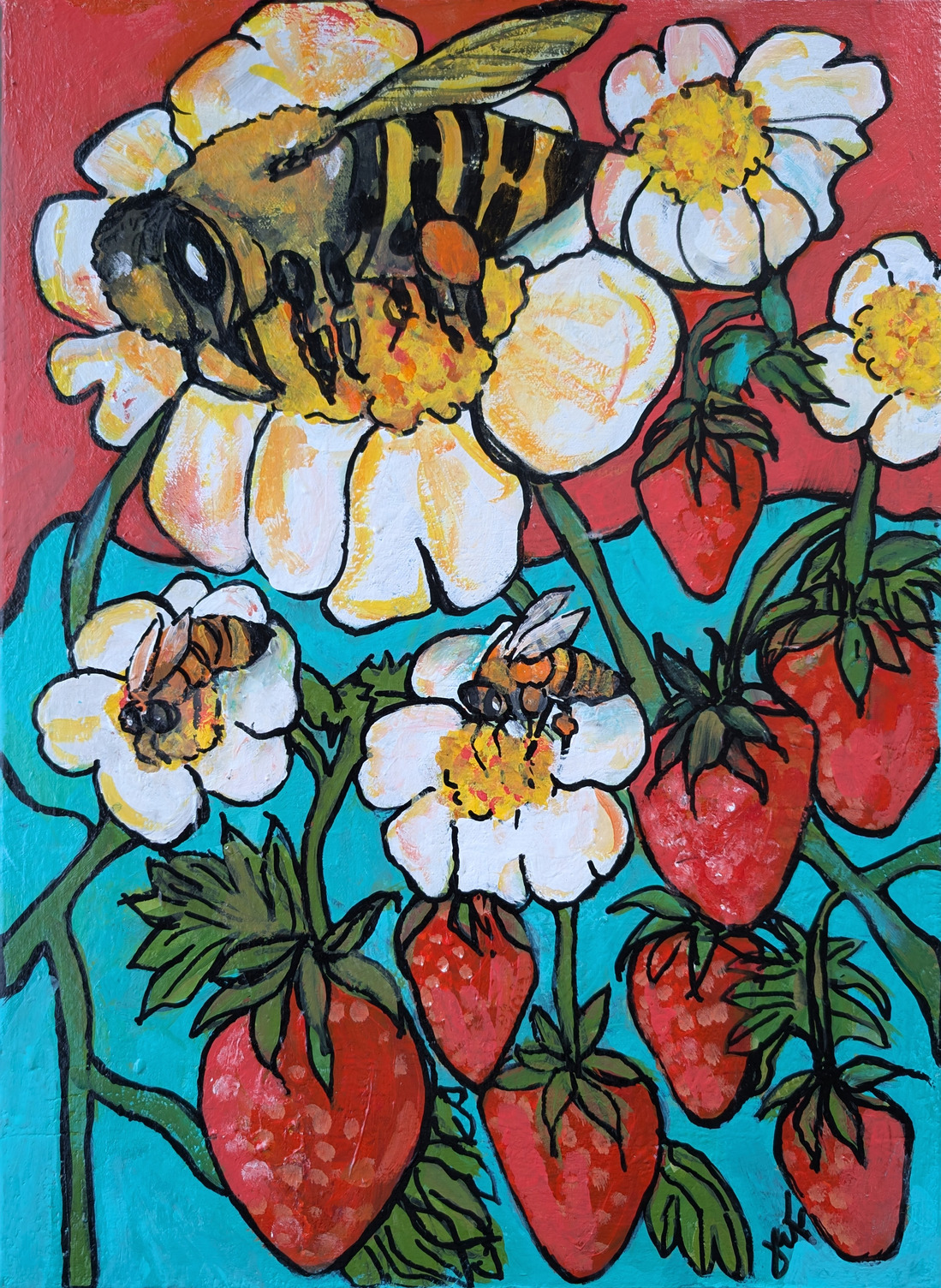 Artwork of strawberries and blossoms, with bees on the flowers.