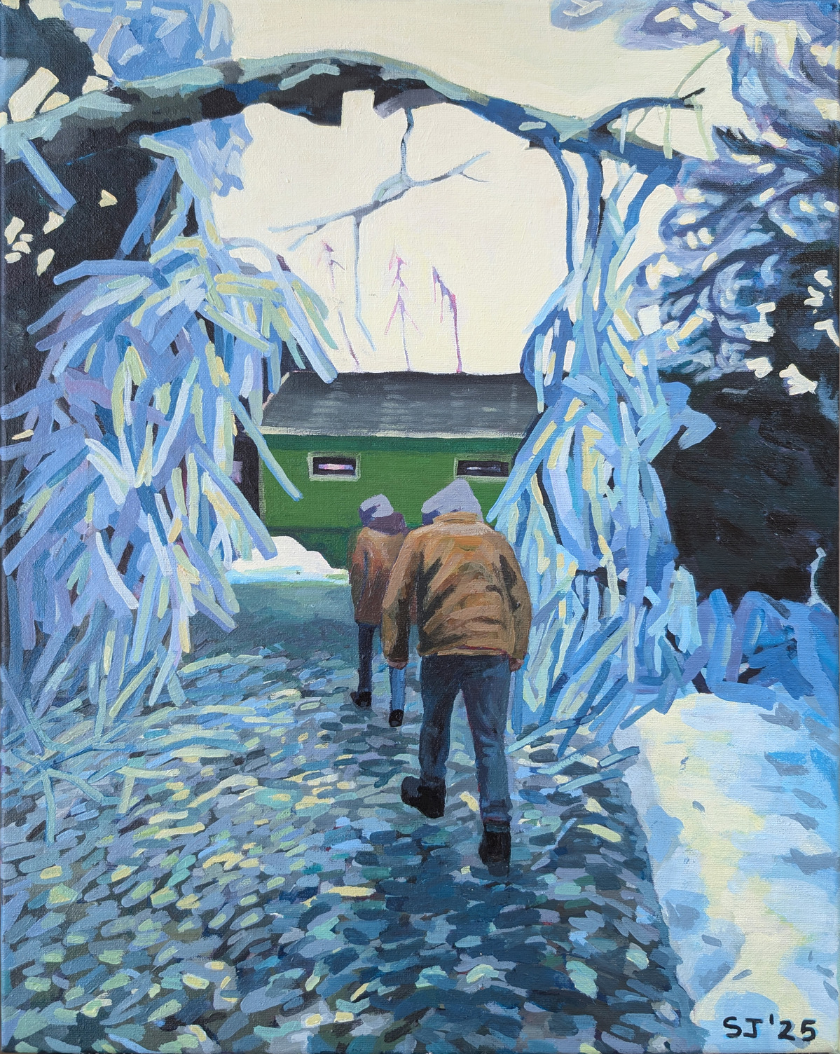 Painting of two people walking under ice-covered branches.