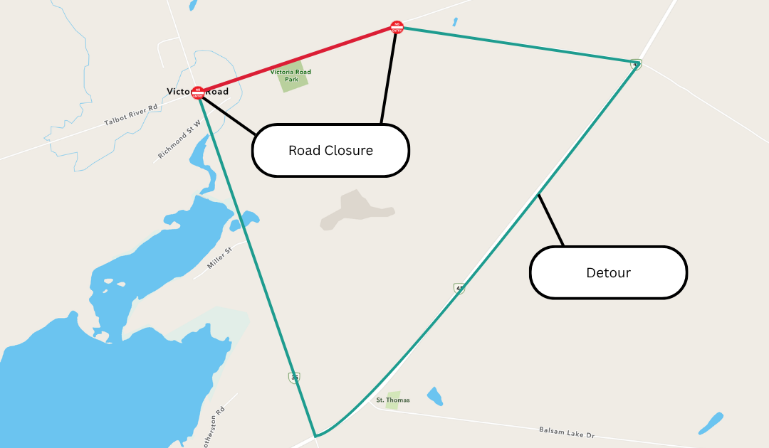 digital map marked with road closure and detour route