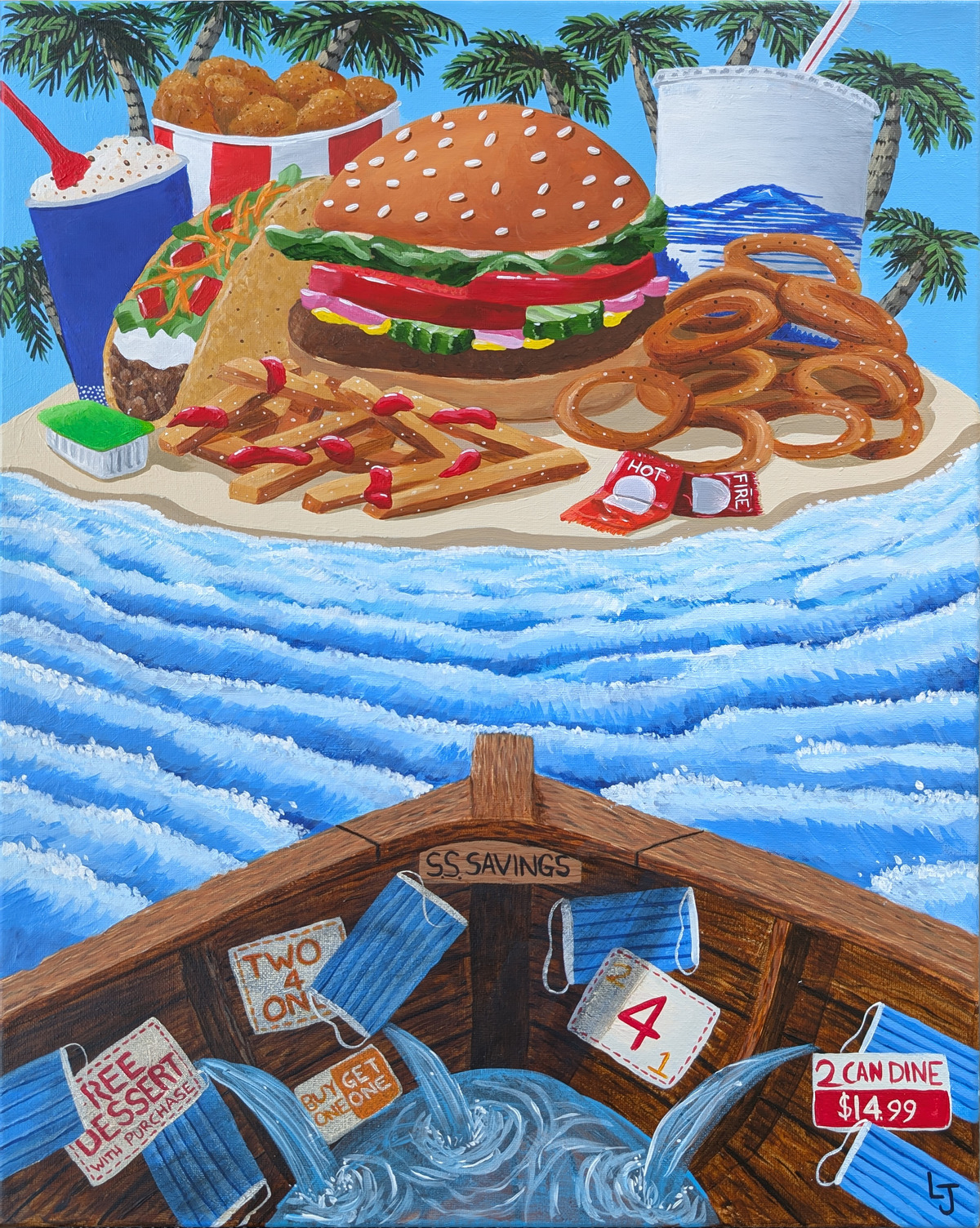 Artwork of an island covered in fast food. The foreground is the bow of a boat heading toward the island.