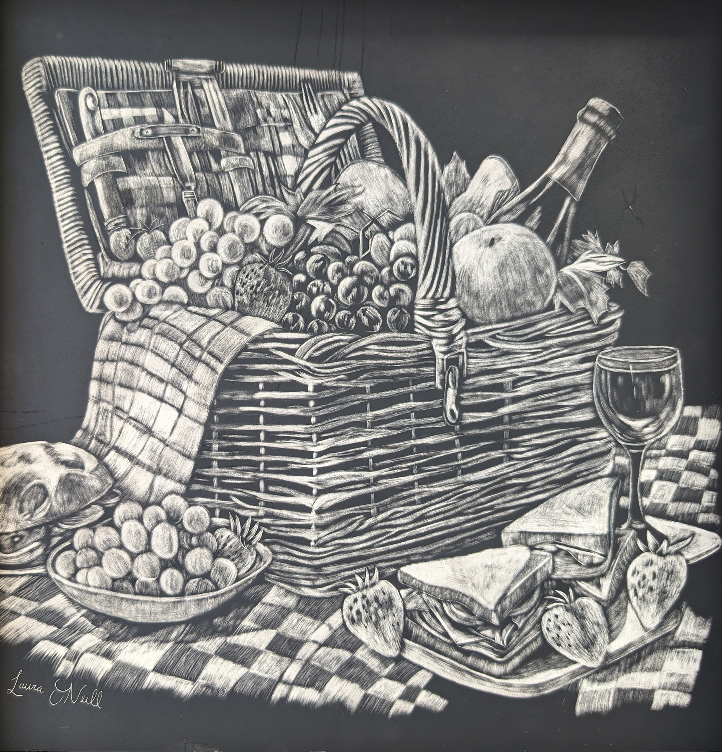 Black and white scratchboard art of a picnic basket overflowing with food.