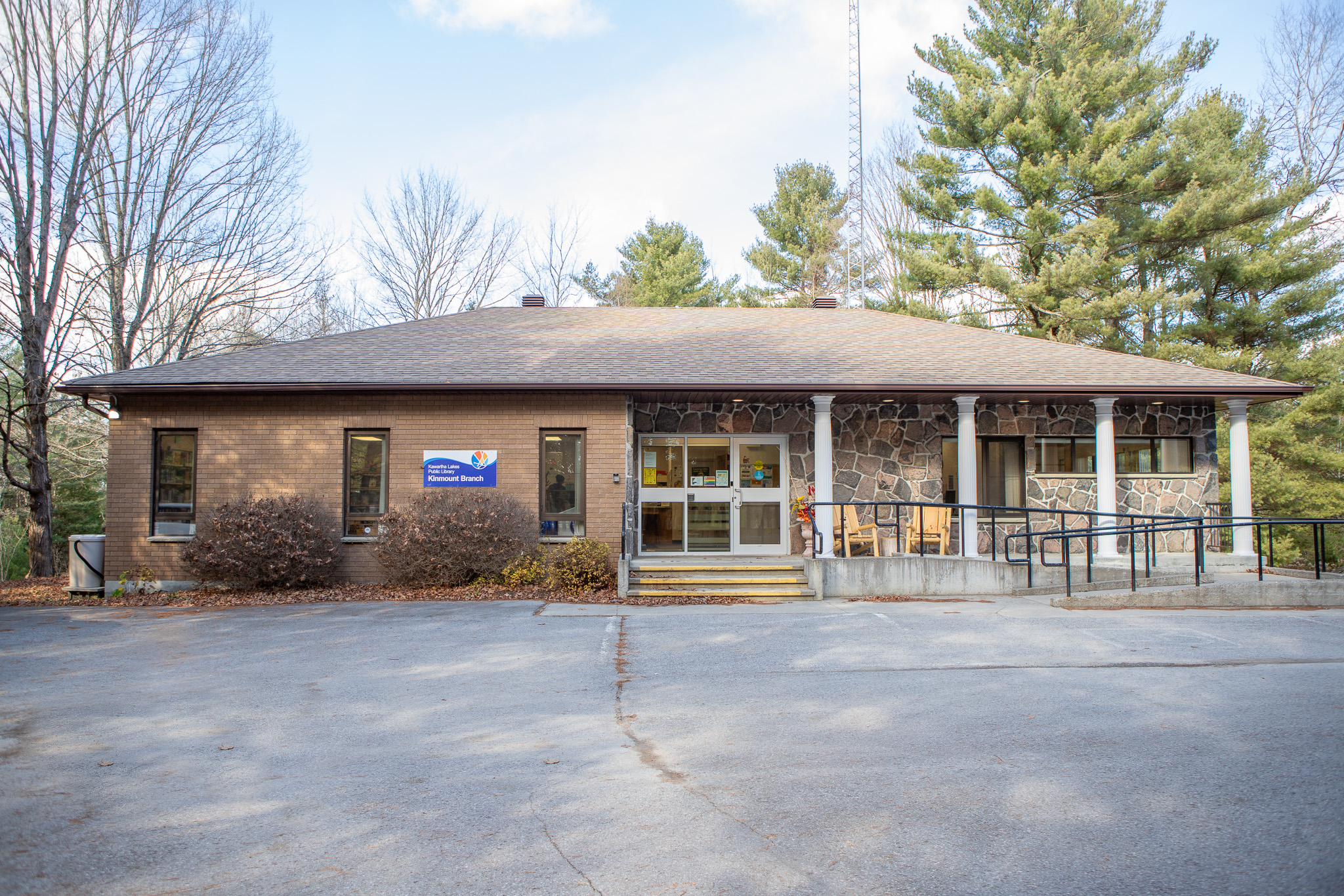 Outside the Kinmount branch - stone and brick bulding with wheelchair ramp