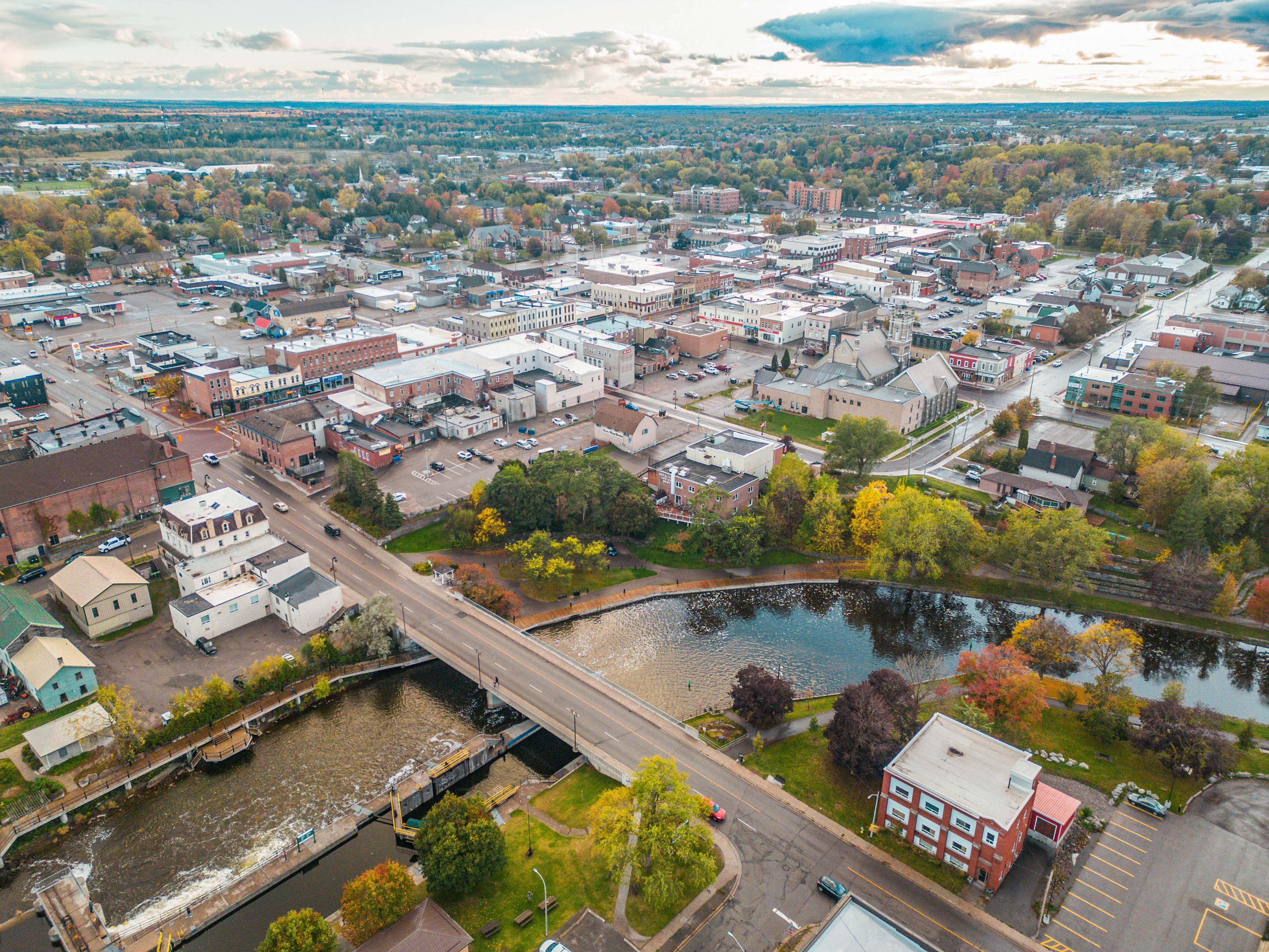 Aerial view of downtown Lindsay in Kawartha Lakes.