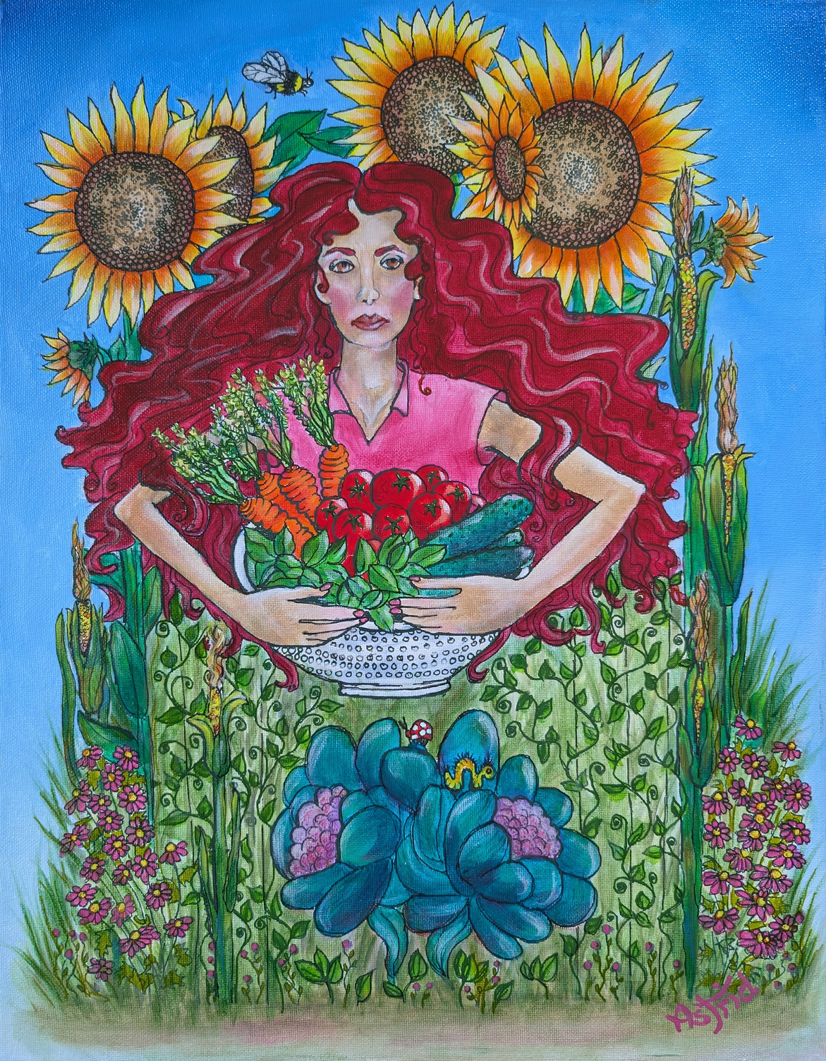 Artwork of woman holding basket of produce, surrounded by plants.