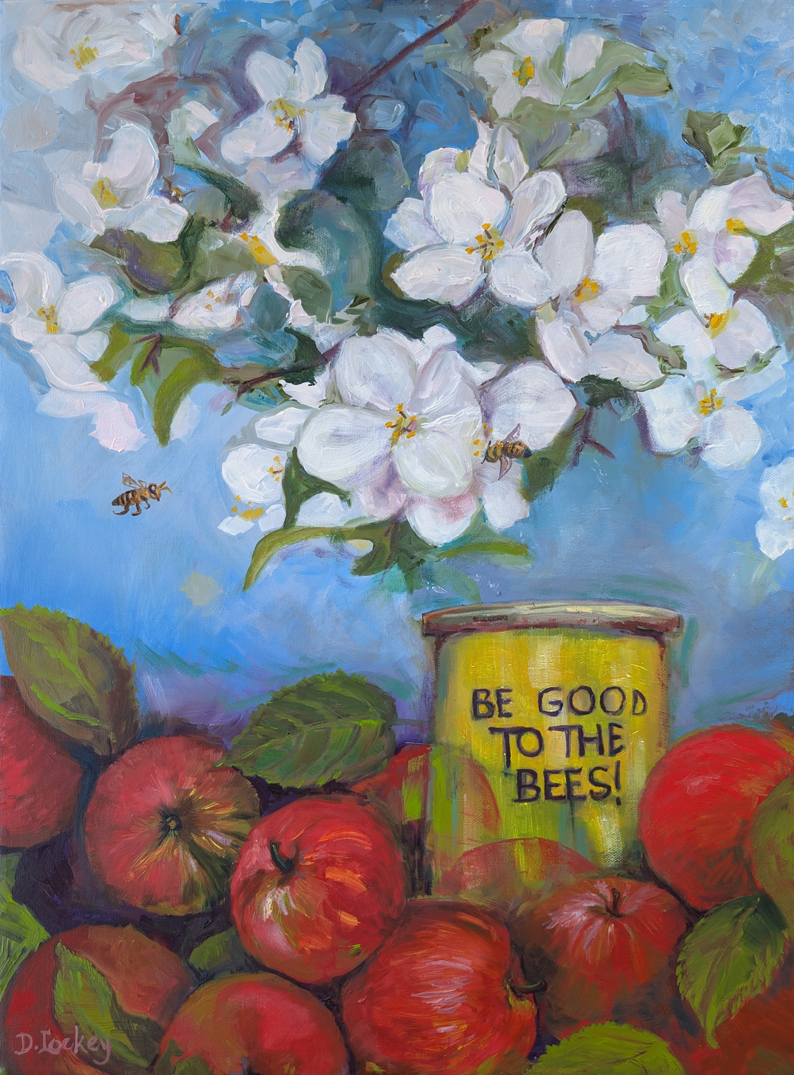 Painting of apples and blossoms. A jar under the blossoms has text reading 'Be Good To The Bees'