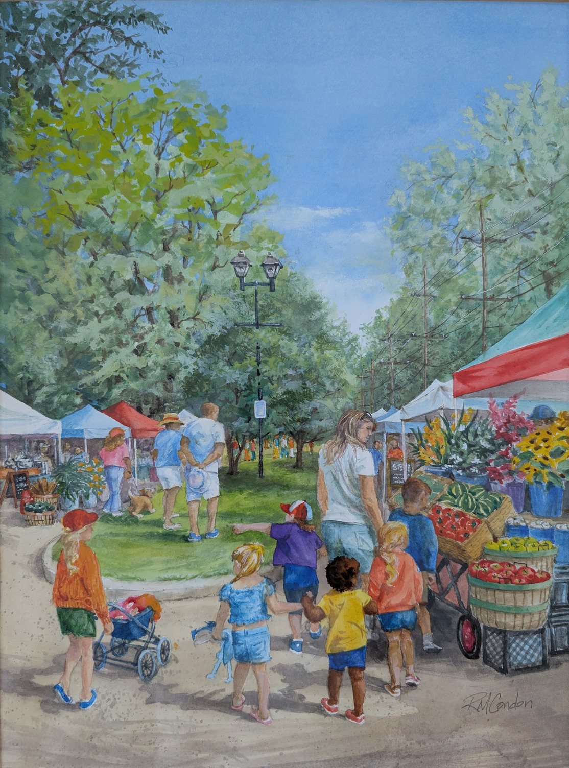 Painting of people at a farmers' market.