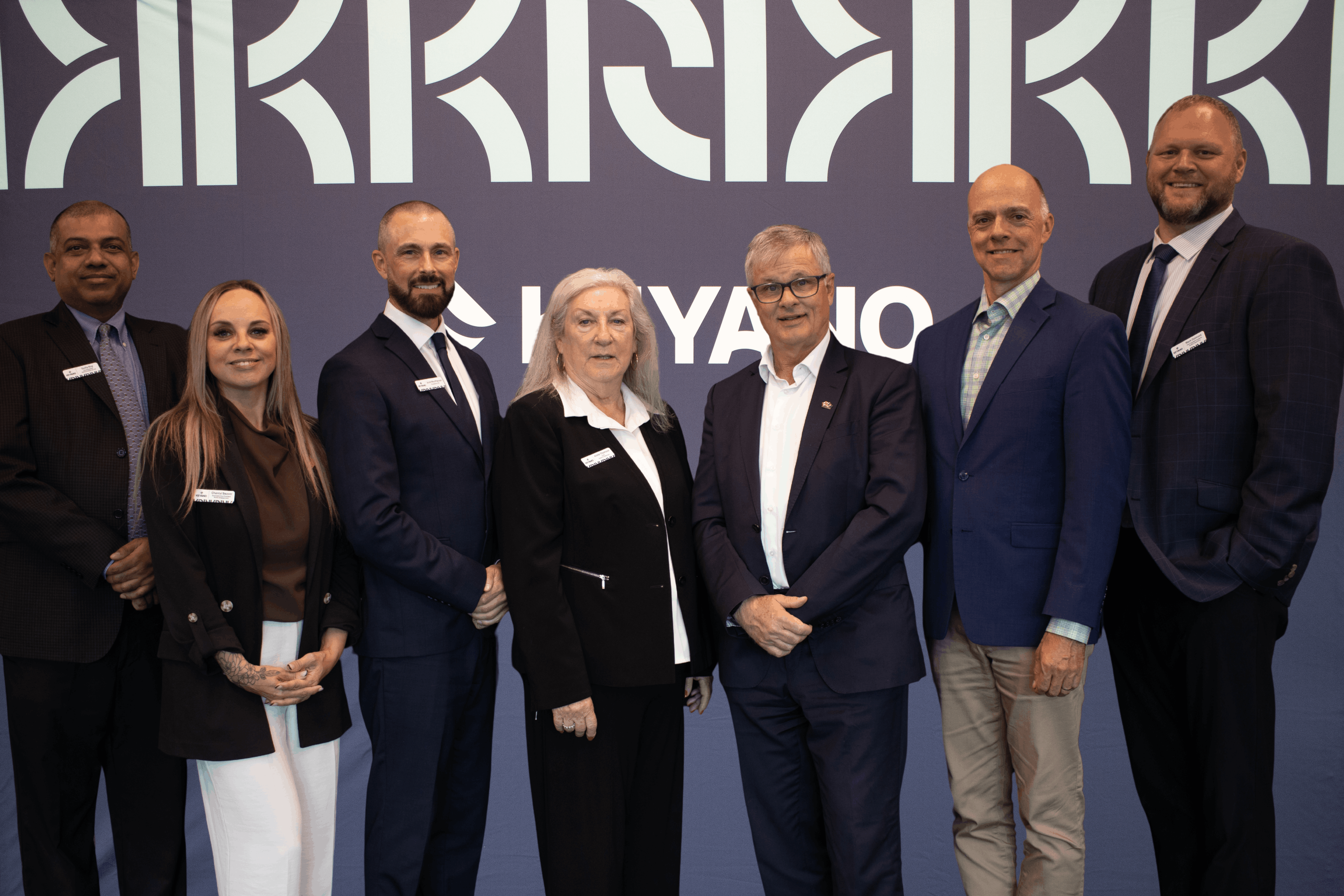 Minister of Advanced Education Myles McDougall and Deputy Minister Shannon Marchand pose with Keyano College Board of Governors members and senior leadership.