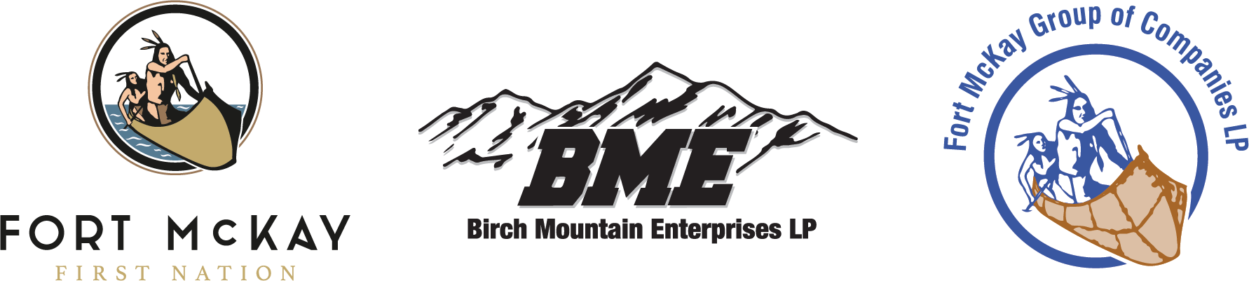 Three partner organization logos displayed side by side: Fort McKay First Nation, Birch Mountain Enterprises LP (BME), and Fort McKay Group of Companies LP. The graphic highlights organizations associated with the Fort McKay community and regional business partnerships.