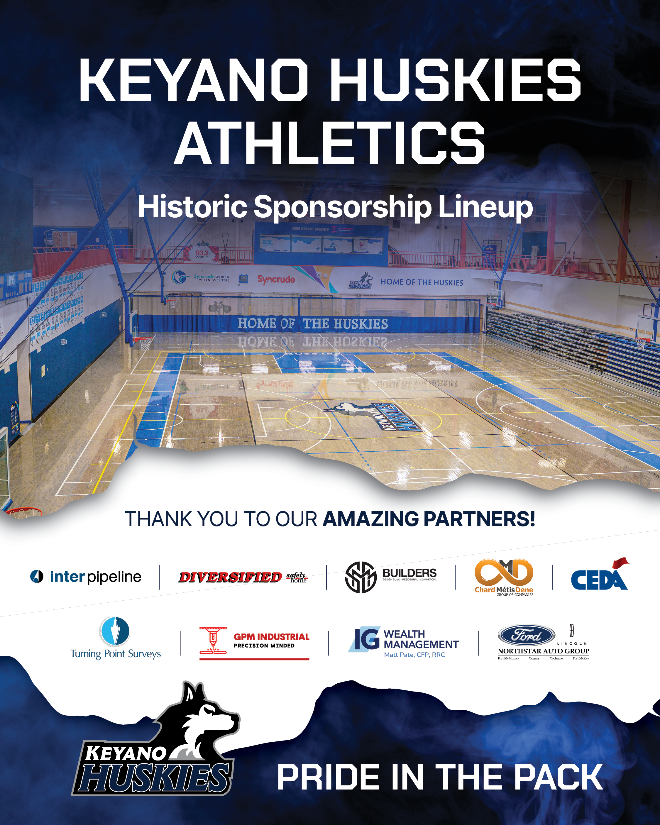 Poster promoting the Keyano Huskies Athletics Historic Sponsorship Lineup. The design features the Huskies gymnasium, the message "Thank you to our amazing partners!", sponsor logos, the Keyano Huskies logo, and the slogan "Pride in the Pack."