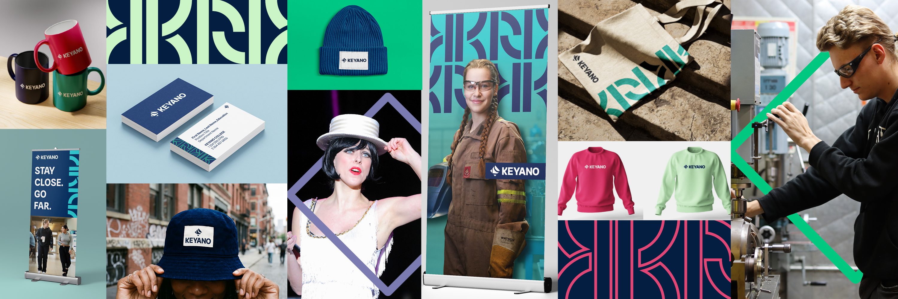 Collage showcasing Keyano College's visual brand identity across promotional materials, branded merchandise, signage, apparel, print materials, banners, and digital graphics, alongside students in learning environments.