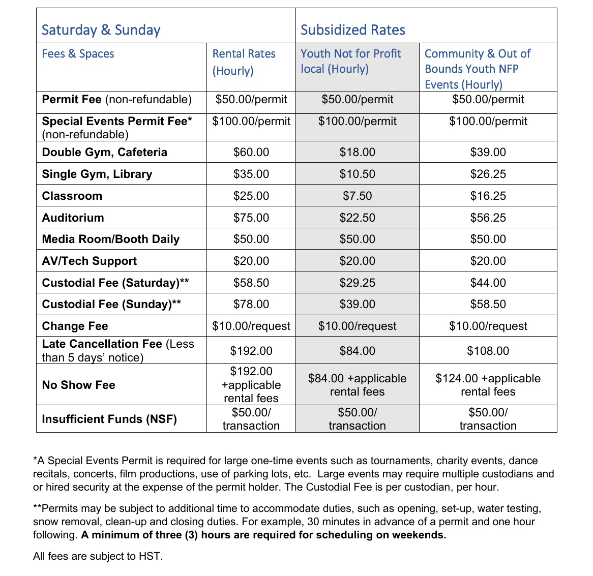 Community Use of Schools Rate Schedule 2026-2027-2